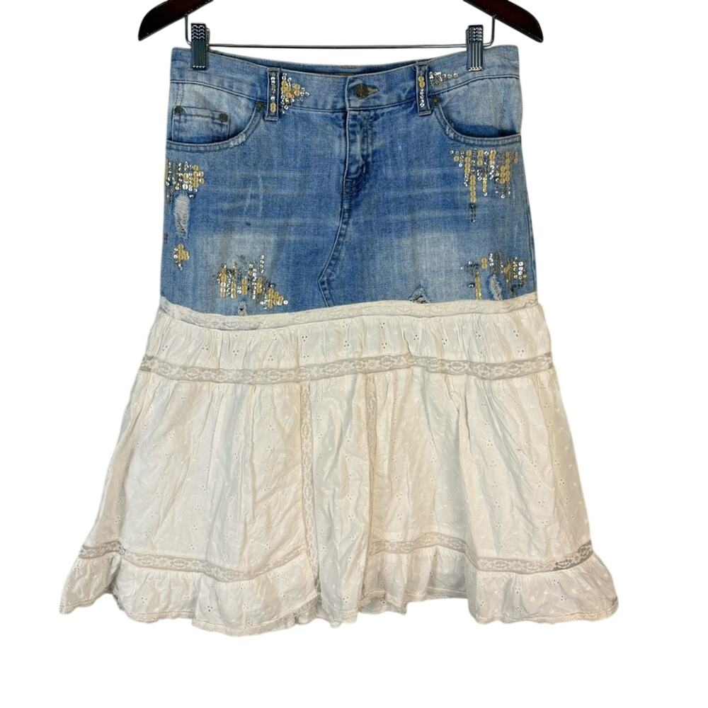 Wet Seal Denim Tiered Midi Skirt Lace Eyelet Sequin Y2K McBling Vintage 2000s S
